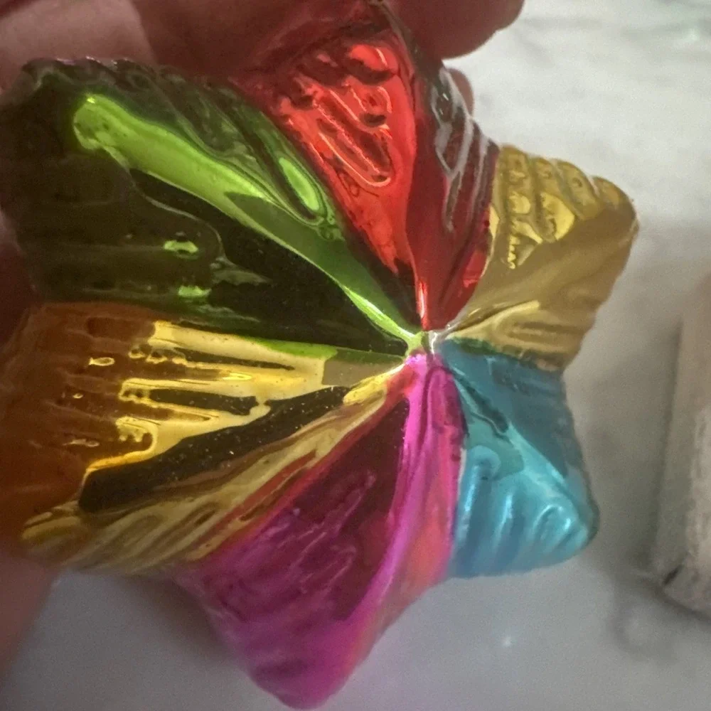 Pair Vintage Blown Glass Christmas Ornaments Six-Pointed Star Multi Color Ribbed
